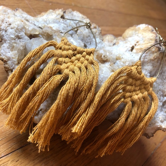 Handmade Mustard Yellow Macrame Earrings - Picture 3 of 5